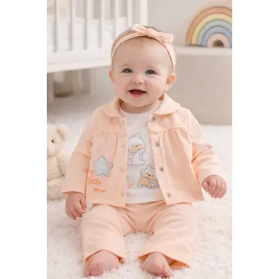 Set bebe fete 3 piese piersica jacheta bluza cu imprimeu si pantaloni tram2202-11