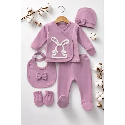 Set bebe fete 5 piese mov prafuit iepuras bluza pantaloni baveta caciula manusi tram2202-8