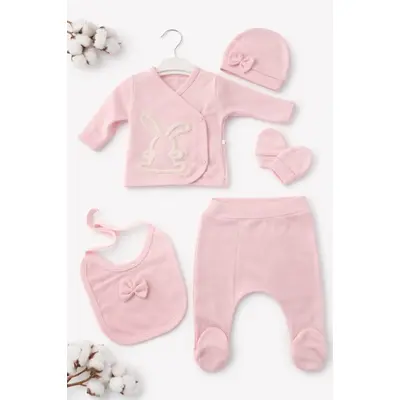 Set bebe fete 5 piese roz pastel iepuras bluza pantaloni baveta caciula manusi tram2202-9