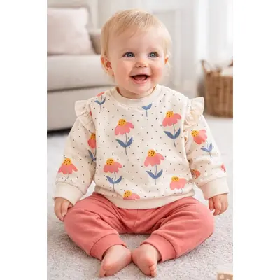 Trening bebe fete 2 piese flori bluza crem volane pantaloni corai tram2202-10