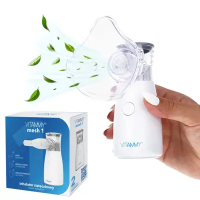 Aparat aerosoli cu tehnologie mesh Vitammy Mesh 1, pentru copii si adulti, portabil, 2 viteze de nebulizare, cablu USB, masca copii si adulti, silentios, Alb BITVitammyMesh1