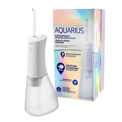 Irigator oral  dus bucal Vitammy Aquarius, 3 moduri de functionare, varf rotativ la 360 de grade, 4 duze, capacitate rezervor 320 ml, Alb BITvitammyaquarius