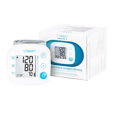 Tensiometru electronic de incheietura VITAMMY Next 0.1, masurare in timpul umflarii mansetei, detectare aritmie, detectie miscarea corpului, memorare 2 utilizatori, manseta 12.5-21.5 cm, Alb BITVitammyNext0.1