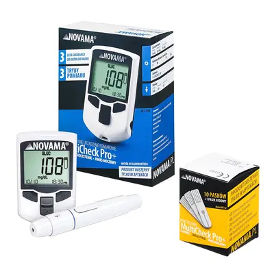 Pachet dispozitiv 3 in 1 pentru masurarea nivelului de glucoza, colesterol si acid uric Novama MultiCheck Pro + si teste colesterol, 10 teste  cutie BITnovamamulticheckprocolesterol