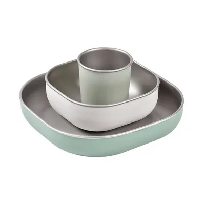 Set de masa din otel inoxidabil Beaba 4 piese Sage Green