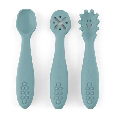 Set 3 lingurite, Petite&Mars, Take&Match, Din silicon, Diverse forme, Pentru supa, paste, alimente usoare, Dezvolta simturile si abilitatile senzoriale, Adecvate pentru masina de spalat vase, Fara BPA, 6 luni+, Frosted Sky, Albastru BYN721767