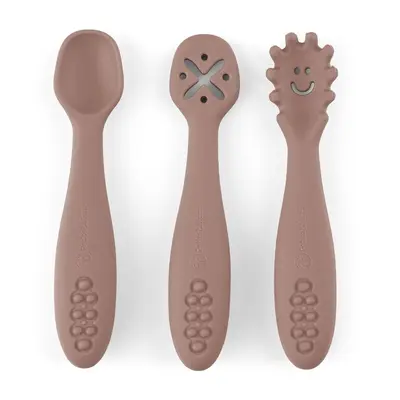 Set 3 lingurite, Petite&Mars, Take&Match, Din silicon, Diverse forme, Pentru supa, paste, alimente usoare, Dezvolta simturile si abilitatile senzoriale, Adecvate pentru masina de spalat vase, Fara BPA, 6 luni+, Velvet Latte, Maro BYN721769
