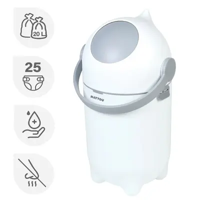 Cos pentru scutece, Nattou, Dropy, Sistem etans impotriva mirosurilor, Compatibil cu saci universali, Operare cu o mana, Potrivit pentru cca 25 scutece, 27 &times; 27 &times; 48.5 cm, 20 l, Alb BYN150002