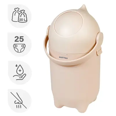 Cos pentru scutece, Nattou, Dropy, Sistem etans impotriva mirosurilor, Compatibil cu saci universali, Operare cu o mana, Potrivit pentru cca 25 scutece, 27 &times; 27 &times; 48.5 cm, 20 l, Bej BYN150019
