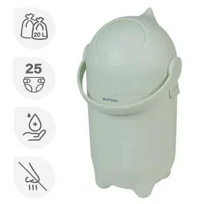 Cos pentru scutece, Nattou, Dropy, Sistem etans impotriva mirosurilor, Compatibil cu saci universali, Operare cu o mana, Potrivit pentru cca 25 scutece, 27 &times; 27 &times; 48.5 cm, 20 l, Verde BYN150026