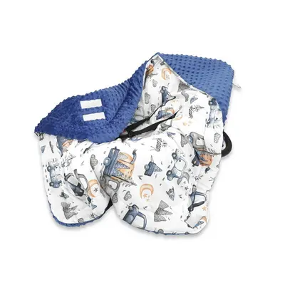 Paturica calduroasa, MimiNu, Pentru scoica, scaun auto/carucior, Cu gluga si urechi, Dimensiune 90x90 cm, Din Minky + Bumbac, Materiale certificate Oeko Tex Standard 100, Design, Cars Blue BYN6426972030823