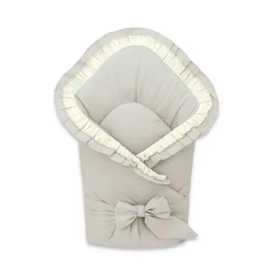 Paturica de infasat, MimiNu, Cu volanase si dantela, Cu multiple utilizari, Cu inchidere cu panglica, Dimensiune 75x75 cm, Din bumbac certificat Oeko Tex Standard 100, Beige BYN6426972031448