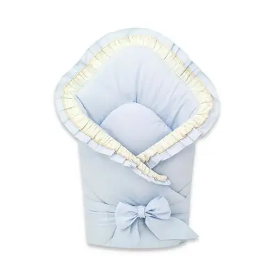 Paturica de infasat, MimiNu, Cu volanase si dantela, Cu multiple utilizari, Cu inchidere cu panglica, Dimensiune 75x75 cm, Din bumbac certificat Oeko Tex Standard 100, Blue BYN6426972031424