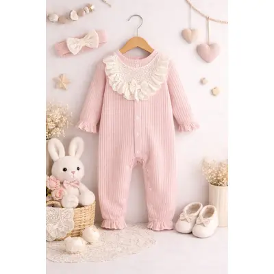 Salopeta roz pentru bebelusi cu guler din dantela si bentita - bymurat y9366-1