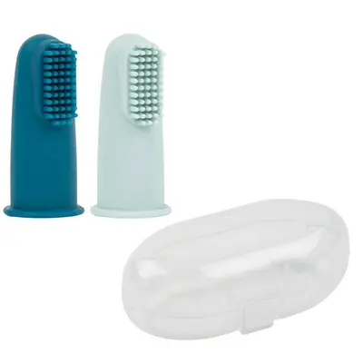 Set 2 periute de dinti pentru deget, Nattou, Cu peri moi, 0% silicon fara BPA, PVC sau ftalati, Include cutie depozitare, 0 luni+, 5 cm, Albastru BYN876674
