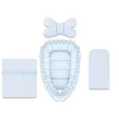 Set 4 in 1 Cosulet bebelus, MimiNu, Baby Cocoon 75x55 cm, Cu volanase, Husa bumbac, Din bumbac certificat Oeko Tex Standard 100, Cu paturica cu volanase 50x70 cm, Cu salteluta, Cu perna fluture, Colectia Royal, Blue BYN6426972030960