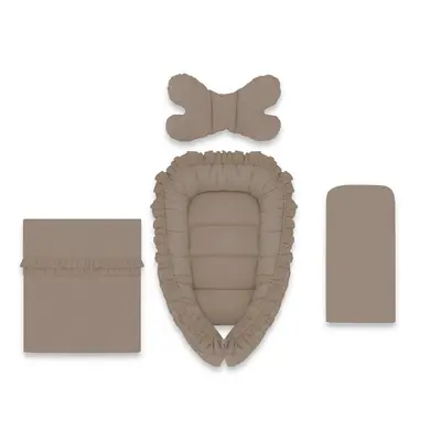 Set 4 in 1 Cosulet bebelus, MimiNu, Baby Cocoon 75x55 cm, Cu volanase, Husa bumbac, Din bumbac certificat Oeko Tex Standard 100, Cu paturica cu volanase 50x70 cm, Cu salteluta, Cu perna fluture, Colectia Royal, Mocha BYN6426972031110