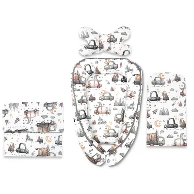 Set 4 in 1 Cosulet bebelus, MimiNu, Baby Cocoon 75x55 cm, Husa bumbac, Din bumbac certificat Oeko Tex Standard 100, Cu paturica 50x70 cm, Cu salteluta, Cu perna fluture, Design, Cars Grey BYN6426972031196