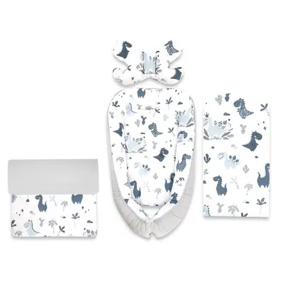 Set 4 in 1 Cosulet bebelus, MimiNu, Baby Cocoon 75x55 cm, Husa bumbac, Din bumbac certificat Oeko Tex Standard 100, Cu paturica 50x70 cm, Cu salteluta, Cu perna fluture, Dino Granat BYN6426972031202