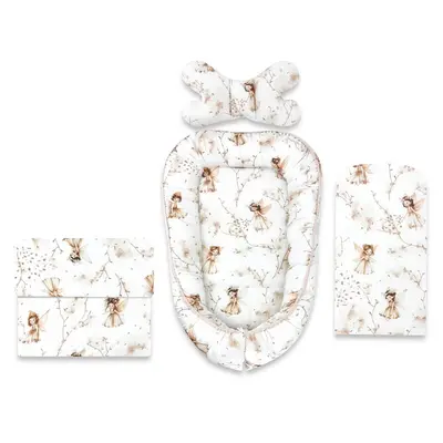 Set 4 in 1 Cosulet bebelus, MimiNu, Baby Cocoon 75x55 cm, Husa bumbac, Din bumbac certificat Oeko Tex Standard 100, Cu paturica 50x70 cm, Cu salteluta, Cu perna fluture, Fairy BYN6426972031189