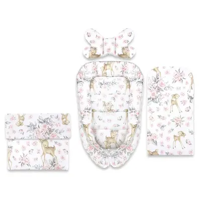 Set 4 in 1 Cosulet bebelus, MimiNu, Baby Cocoon 75x55 cm, Husa bumbac, Din bumbac certificat Oeko Tex Standard 100, Cu paturica 50x70 cm, Cu salteluta, Cu perna fluture, Sweet Deer Pink BYN6426972031172