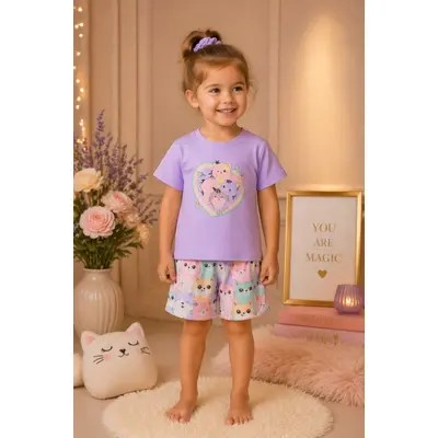 Set copii 2 piese bumbac imprimeu pisicute bm36046-1