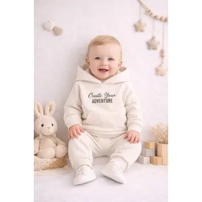 Set memoza adventure - hanorac cu gluga si pantaloni - alb bb2096-1