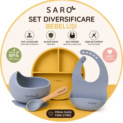 Set Diversificare Bebelusi Saro ,   Farfurie Silicon + Bol Cu Ventuza + Baveta   Anti-mizerie, Sigur, Usor De Curatat Pjbc1800