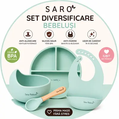 Set Diversificare Bebelusi Saro ,   Farfurie Silicon + Bol Cu Ventuza + Baveta   Anti-mizerie, Sigur, Usor De Curatat Pjbc2520