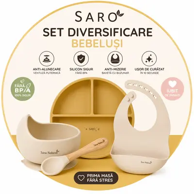 Set Diversificare Bebelusi Saro ,   Farfurie Silicon + Bol Cu Ventuza + Baveta   Anti-mizerie, Sigur, Usor De Curatat Pjbc2592