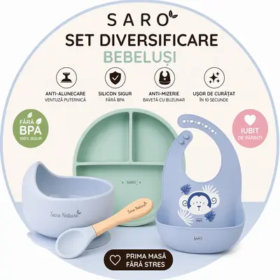 Set Diversificare Bebelusi Saro ,   Farfurie Silicon + Bol Cu Ventuza + Baveta   Anti-mizerie, Sigur, Usor De Curatat Pjbc6454