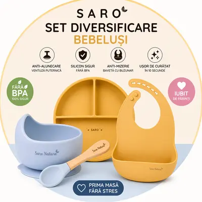 Set Diversificare Bebelusi Saro ,   Farfurie Silicon + Bol Cu Ventuza + Baveta   Anti-mizerie, Sigur, Usor De Curatat Pjbc7807
