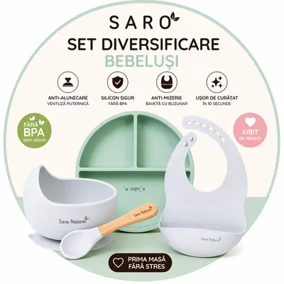 Set Diversificare Bebelusi Saro ,   Farfurie Silicon + Bol Cu Ventuza + Baveta   Anti-mizerie, Sigur, Usor De Curatat Pjbc8048