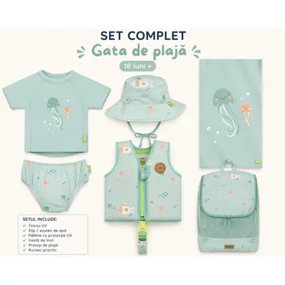 Set Plaja Copii 6 Piese Jellyfish Saro Baby (18 Luni+): Tricou Uv, Scutec Inot, Palarie, Vesta, Prosop 80x140 Cm, Rucsac Impermeabil Pjbc2599