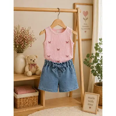 Set pentru fetite pampalkids cu pantaloni scurti denim bp6402-1
