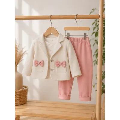 Costumas elegant fetita cu sacou crem, pantaloni roz si bluzita - confort si stil bnb7