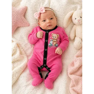 Salopeta din bumbac pentru bebelusi cu botosei, pinky bp116