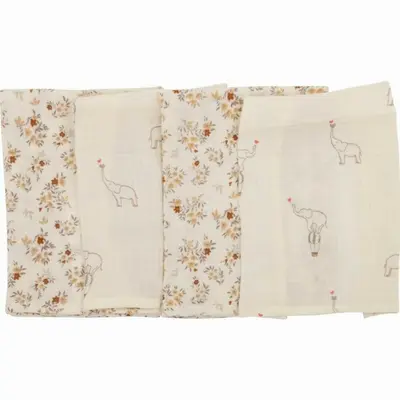 Set 4 lavete, Bubaba, Din muselina, Dimensiune 40x40 cm, Pentru spalarea si ingrijirea fetei si a corpului bebelusului dupa masa sau baita, Beige Elephant BYN87745