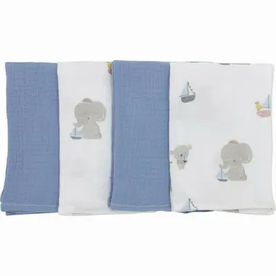 Set 4 lavete, Bubaba, Din muselina, Dimensiune 40x40 cm, Pentru spalarea si ingrijirea fetei si a corpului bebelusului dupa masa sau baita, Blue Ship BYN87752
