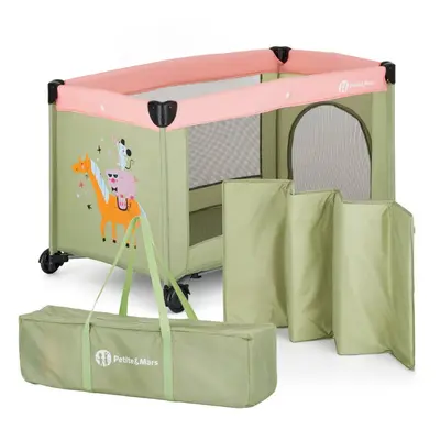 Patut pliant, Petite&Mars, Koot, 120 x 60 cm, Cu roti, Functie de tarc, Pliere compacta, Include geanta de transport, Intrare laterala cu fermoar, Pereti din plasa, Pana la 15 kg, 0-30 luni, Boho BYN921484