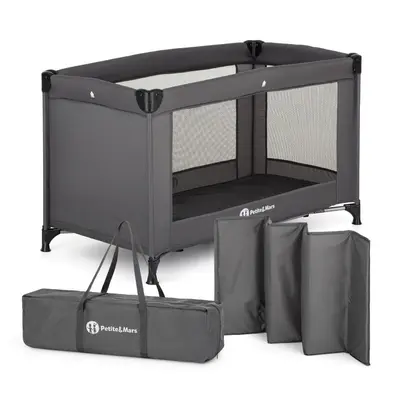 Patut pliant, Petite&Mars, Koot, 120 x 60 cm, Cu roti, Functie de tarc, Pliere compacta, Include geanta de transport, Intrare laterala cu fermoar, Pereti din plasa, Pana la 15 kg, 0-30 luni, Gri Charcoal BYN918465