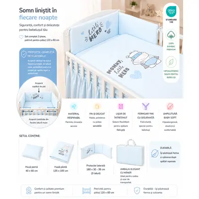 Amy - Lenjerie 3 Piese Cu Protectie Laterala Little Hero Din Bumbac, 120x60 Cm, Blue Pjb80478