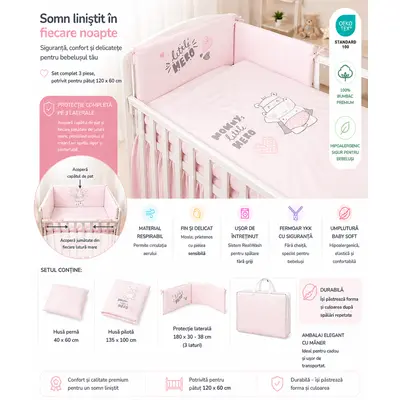 Amy - Lenjerie 3 Piese Cu Protectie Laterala Little Hero Din Bumbac, 120x60 Cm, Roz Pjb80437