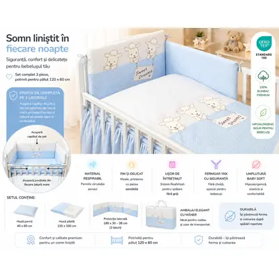 Amy - Lenjerie 3 Piese Cu Protectie Laterala Sweet Dreams Din Bumbac, 120x60 Cm, Blue Pjb62988