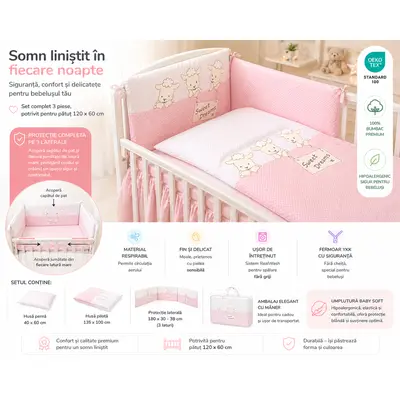 Amy - Lenjerie 3 Piese Cu Protectie Laterala Sweet Dreams Din Bumbac, 120x60 Cm, Roz Pjb66034
