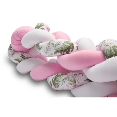 Aparatoare Laterala Pat Bumper Impletit, Cu Inchidere Velcro, Bumbac Alb - Roz - Flori, 340x21 Cm Pjb65652