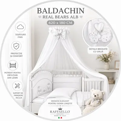 Baldachin Patut Lemn Cu Suport De Prindere Inclus Real Bears Alb, 620x180 Cm Pjbbald_realbears_white