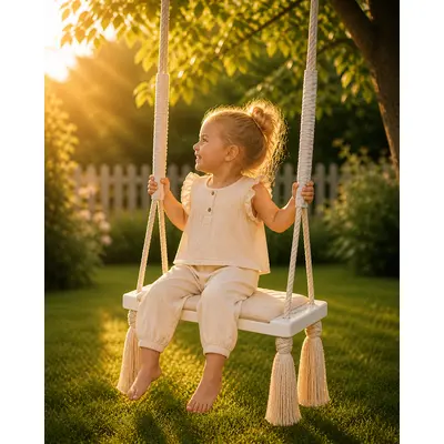 Leagan Copii Babysteps   Woodswing, Lemn, Spuma  Velvet Ecru Premium, Design Scandinav, Pana La 100 Kg Pjbc53113