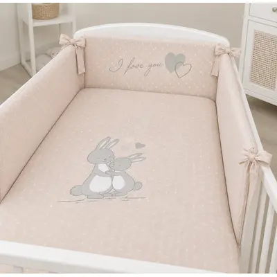 Lenjerie 3 Piese Cu Protectie Laterala Iepuras Din Bumbac, 140x70 Cm, Bej Pjb67436