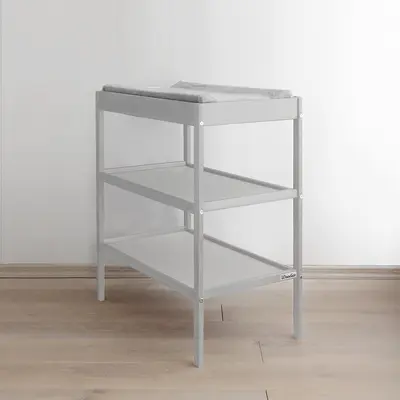 Masa Infasat Pentru Bebelusi, Lemn Masiv, Gri 76 X 44 X 86 Cm, Cu 2 Rafturi De Depozitare Inalte,inclus Saltea Din Spuma, Husa Detasabila Bumbac, Woodies, 40 X 70 Cm Pjbclassic_changer_grey+311180